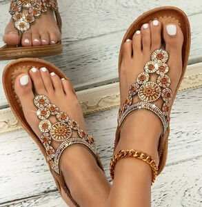 Women Rhinestone Decor Ankle Strap Thong Sandals